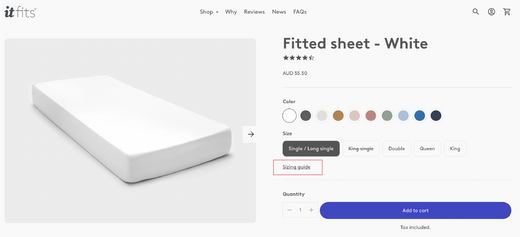 It-fits jersey fitted sheet in white on a long single mattress and plain background and embedded in the product page where you see 5-star rating, wide colour range and various sizes and add to cart button